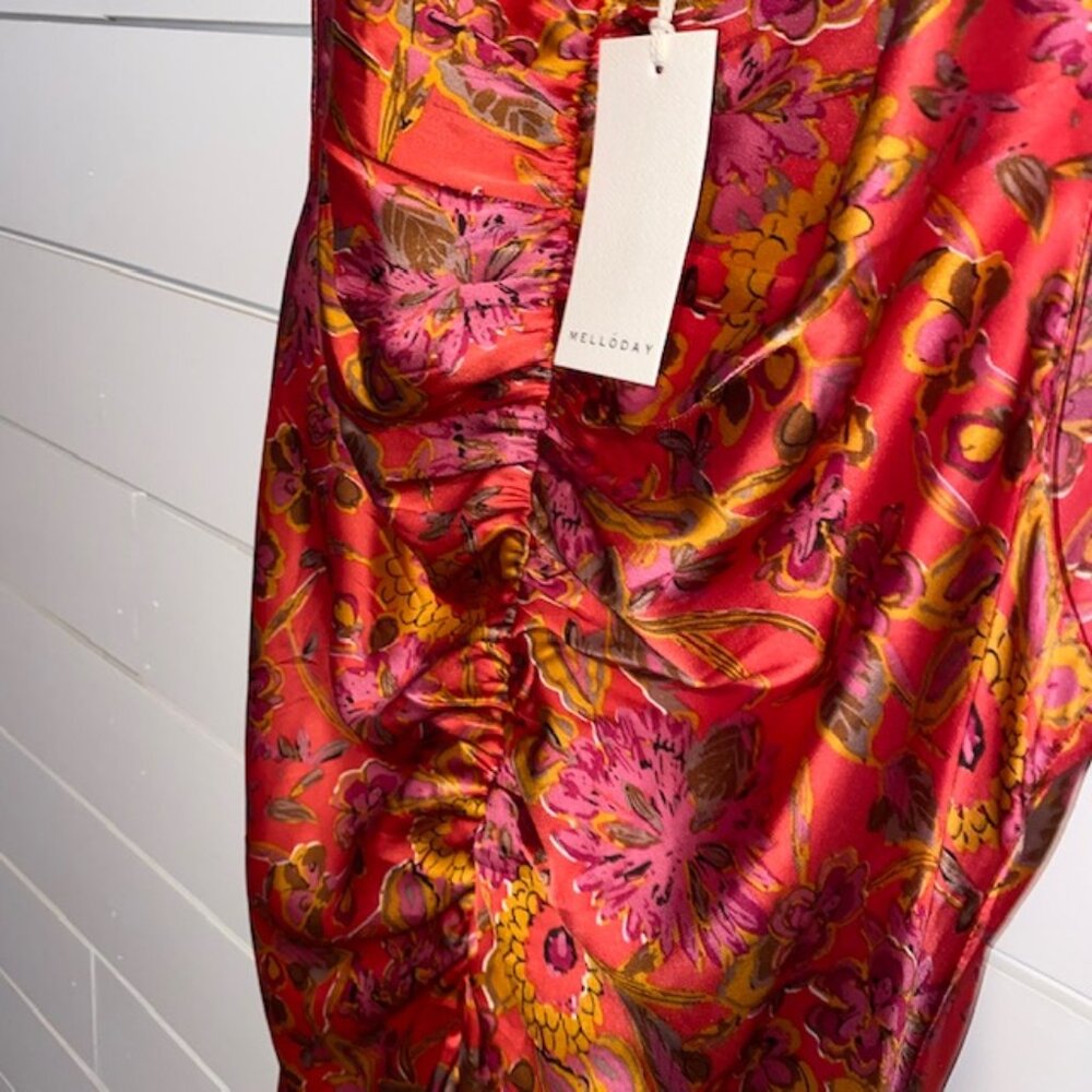 MELLODAY Floral Print Ruched Satin Midi Dress - Women's Small - New with Tags - Picture 4 of 8
